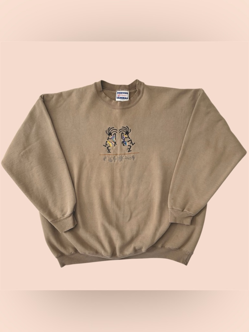 Vintage 90s Hanes Kokopelli Embroidered Arizona Center Logo Crewneck Tan XL